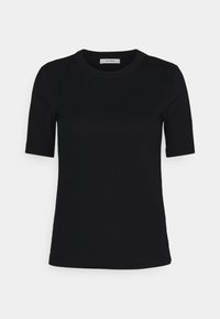 Sort bomulds T-shirt med rund halsudskæring, korte ærmer og en tætsiddende silhuet. Stoffet har en glat, jævn tekstur.