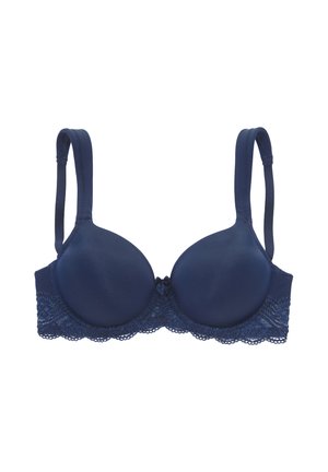Marineblauer, gepolsterter BH mit verstellbaren Trägern, Spitzenverzierung am Bund und einer kleinen dekorativen Schleife vorne in der Mitte.