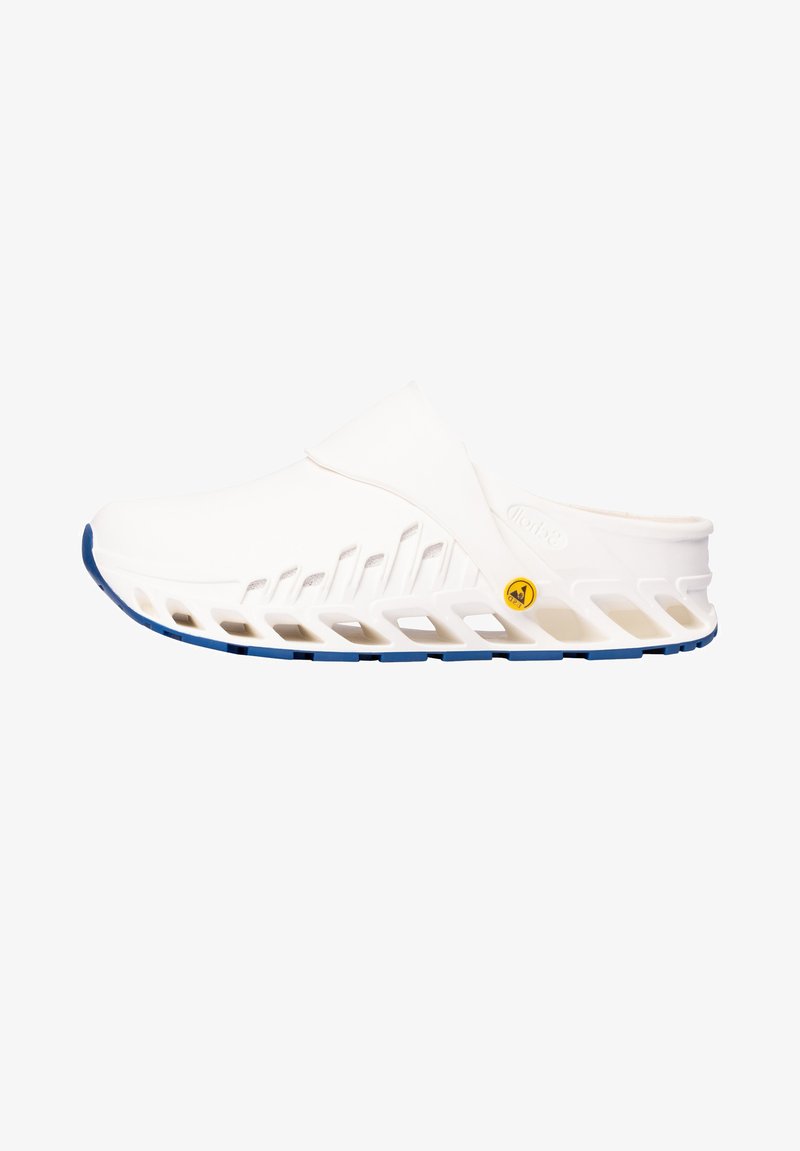 White waterproof clogs with cut-out side vents, a solid design, a blue sole, and a yellow accent near the heel for traction.
