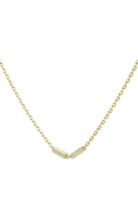 Gouden ketting met een schakeldesign en twee rechthoekige accenten, waarvan één is versierd met meerdere kleine heldere stenen.