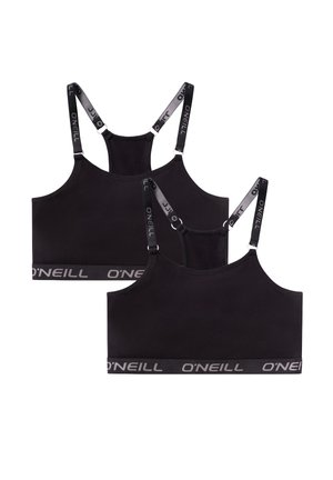 Two black O'Neill sports bras with adjustable branded straps and elastic bottom bands shown from front and back.