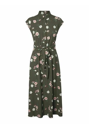 Robe midi sans manches vert olive avec imprimé floral rose et blanc, col montant, boutonnage devant et ceinture à nouer à la taille.