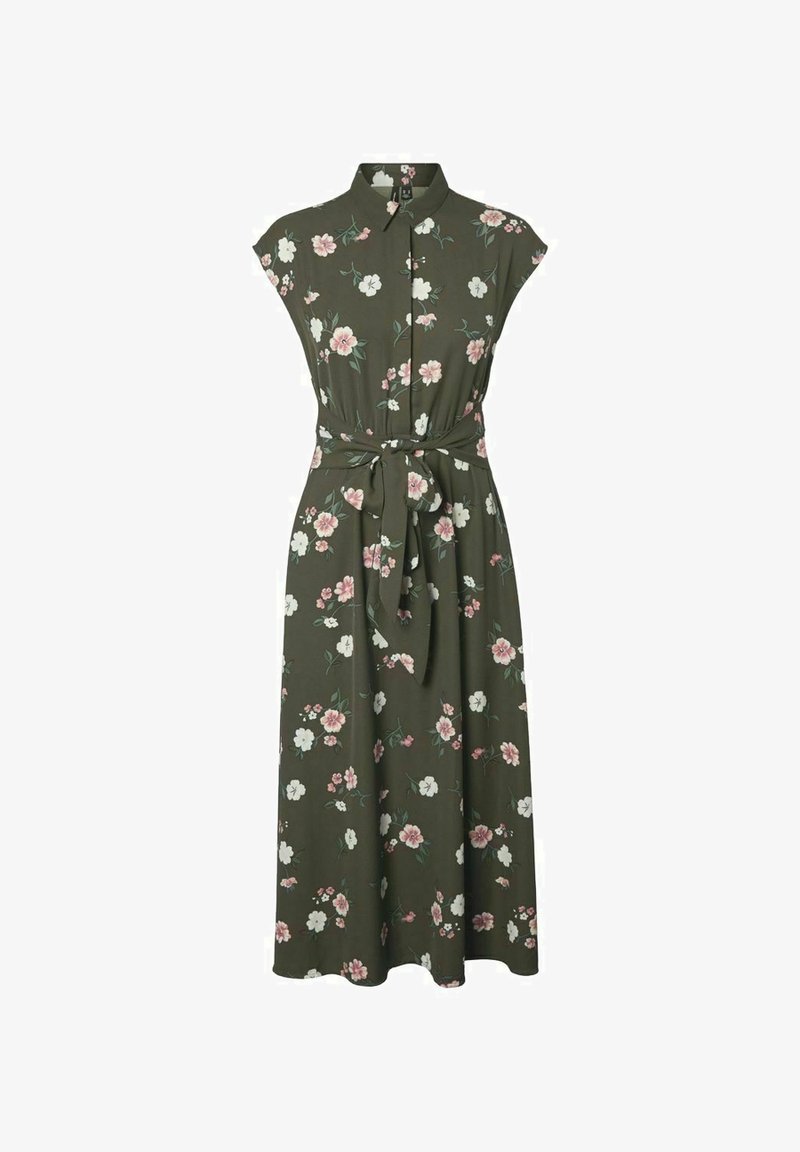 Robe midi sans manches vert olive avec imprimé floral rose et blanc, col montant, boutonnage devant et ceinture à nouer à la taille.