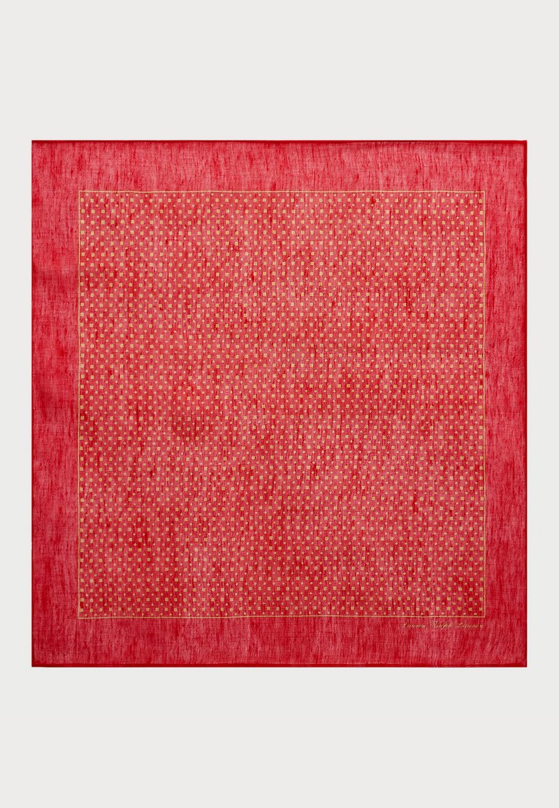 Red rectangular rug featuring a textured surface with a gold dot pattern enclosed within a thin gold border. Smooth and vivid color.
