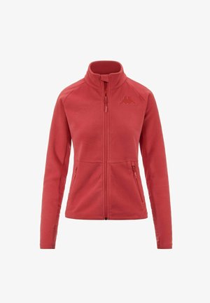 Giacca di pile rossa con colletto alto, zip completa, due tasche laterali e finitura testurizzata. Presenta un piccolo logo in alto a sinistra.