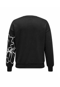 Black sweatshirt featuring a floral white design on the left sleeve, made from soft material with ribbed cuffs and hem.