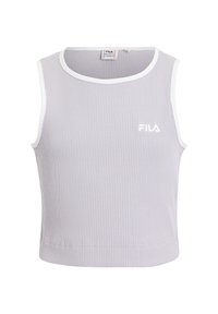 Canotta grigia a costine con scollo e fori per le braccia bianchi. Presenta un piccolo logo FILA bianco sul lato sinistro. Tessuto morbido.