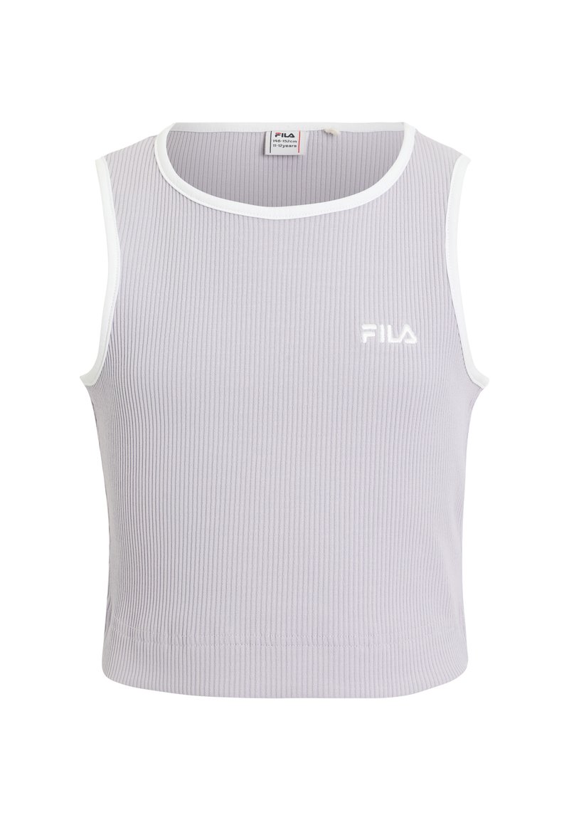 Canotta grigia a costine con scollo e fori per le braccia bianchi. Presenta un piccolo logo FILA bianco sul lato sinistro. Tessuto morbido.