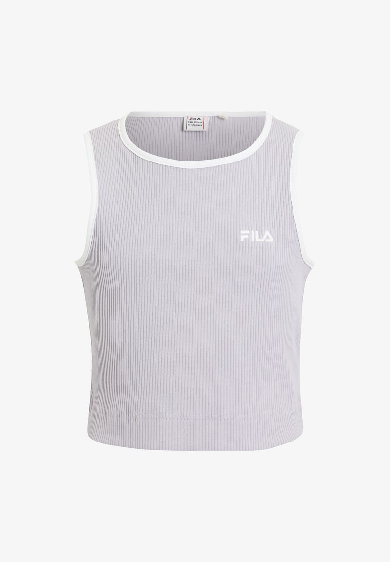 Grå ribbad linne med vit halsringning och ärmhål. Har en liten vit FILA-logotyp på vänster sida. Mjuk tygtextur.