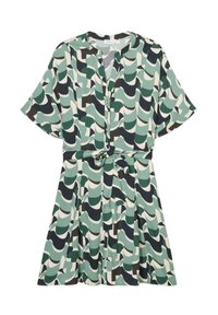 Robe à manches courtes, boutonnée, avec un motif de vagues abstraites vertes et noires, une taille ceinturée et une jupe évasée. Confectionnée en tissu léger.