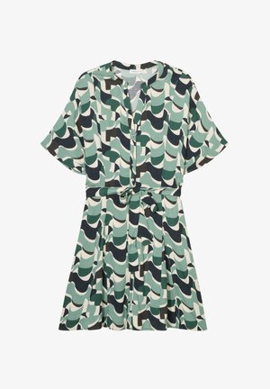 Kortærmet, knap-op kjole med et grønnt og sort abstrakt bølgemønster, belted talje og en flagrende nederdel. Fremstillet af letvægtsstof.
