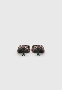Leopard print mules with a low black stiletto heel. Textured fabric upper with rounded toe and open back design.