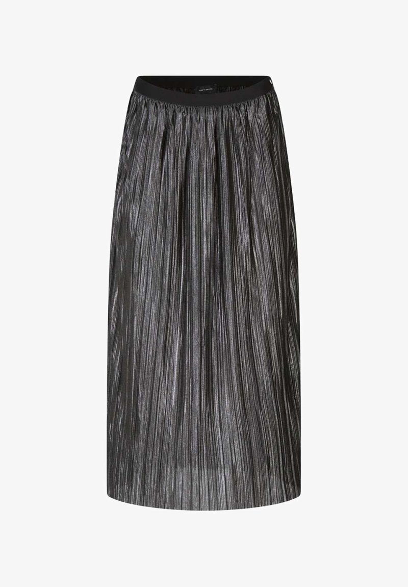 Jupe midi plissée noire à éclat métallique avec taille élastique, conçue pour un usage décontracté ou formel.