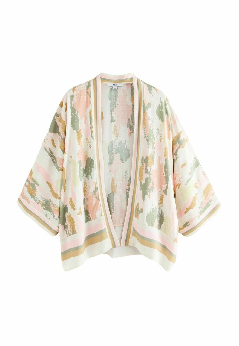 Veste kimono ample à ouverture devant avec larges manches, motif abstrait pastel rose, vert, beige et blanc, et bord rayé.