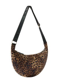 Borsa a tracolla con stampa leopardata in tessuto morbido, caratterizzata da una forma curva, tracolla nera regolabile e dettaglio logo dorato. Chiusura con cerniera.