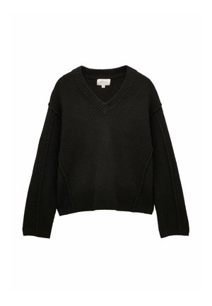 Black v-neck sweater made of soft, textured material; features dropped shoulders and ribbed cuffs and hem; minimalistic design.