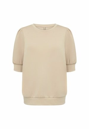 Beige puff-sleeve top lavet af letvægtsstof. Har en rund udskæring og ribbet kant for en afslappet pasform. Glat tekstur hele vejen igennem.
