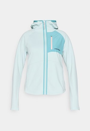 Geacă albastru deschis cu glugă, cu accente contrastante de culoare teal, fermoar roz și buzunar la piept cu fermoar. Material moale și elastic.