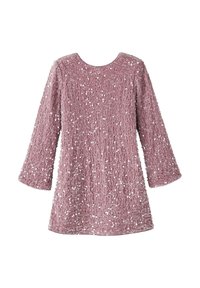 Rosa Kurzarmkleid, das mit Pailletten bedeckt ist, mit einer strukturierten Oberfläche und einem runden Ausschnitt. Der Saum endet über dem Knie.