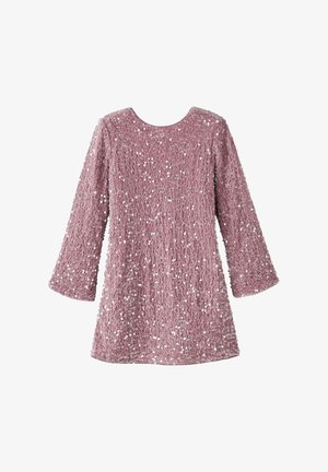 Rosa Kurzarmkleid, das mit Pailletten bedeckt ist, mit einer strukturierten Oberfläche und einem runden Ausschnitt. Der Saum endet über dem Knie.