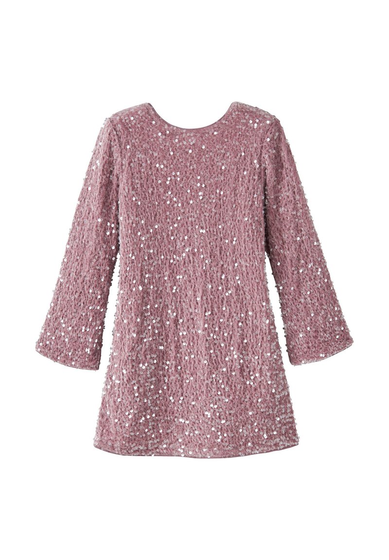 Rosa Kurzarmkleid, das mit Pailletten bedeckt ist, mit einer strukturierten Oberfläche und einem runden Ausschnitt. Der Saum endet über dem Knie.