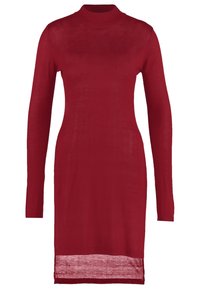 Robe en maille rouge ajustée à manches longues, longueur au genou, avec un col haut et un ourlet légèrement transparent sur fond blanc.
