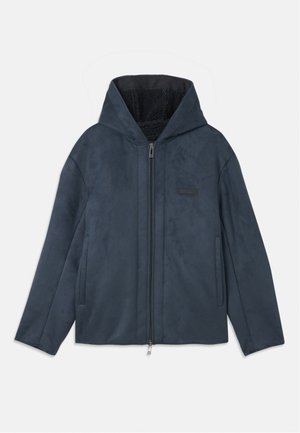 Dark blue hooded jacket made of soft, suede-like material, featuring a zip front, side pockets, and a plush inner lining.