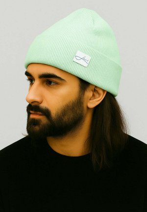Mint green ribbed beanie with a folded cuff and small logo patch, worn by a person with medium-length dark hair and a beard, against a neutral background.