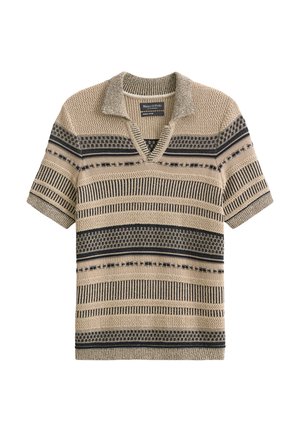 Beige gebreide pullover met korte mouwen, met donkerblauwe horizontale strepen en gevarieerde patronen. Heeft een kraaghals en een gestructureerde stof.