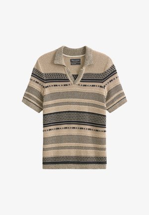 Beige gestrickter Pullover mit kurzen Ärmeln und dunkelblauen horizontalen Streifen sowie variierenden Mustern. Verfügt über einen Kragen und einen strukturierten Stoff.