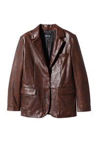 Ruskea nahkatakki, jossa on rakennettu muotoilu, lovet kauluksessa, kaksi etutaskua ja rintatasku, sekä sileä, kiiltävä pinta.