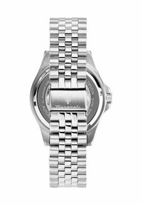 Stainless steel wristwatch with a silver bracelet, round case, and a black face. Features branding and water resistance markings on the back.