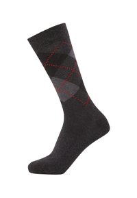 Gray argyle-patterned sock with dark gray diamonds outlined in red, made from a soft material, featuring a ribbed cuff at the top.
