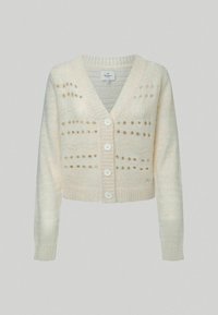 Krämfärgad cardigan med V-hals, textuerad stickad mönster och fem vita knappar. Ribbad ärm- och fållkant med utsmyckad öppet arbete genom hela plagget.