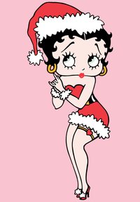 Tecknad karaktär i en röd dräkt med vit pälskant, iförd en röd tomteluva, med svart hår och stora gröna ögon. Rosa bakgrund.