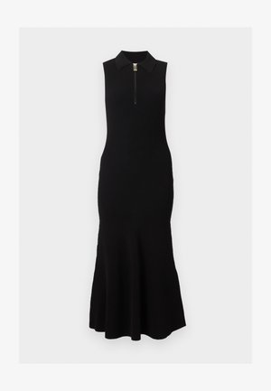 Czarna sukienka midi bez rękawów z prążkowaną fakturą, kołnierzem polo i detalem z przodu na zamek.