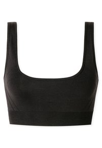 Top corto nero con scollatura quadrata, spalline larghe e una fascia testurizzata. Realizzato in materiale elasticizzato con dettagli sulle cuciture. Finitura liscia.