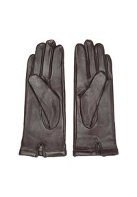 Brązowe skórzane rękawiczki o gładkiej fakturze, z pięcioma palcami, dopasowane i z małym otworem przy nadgarstku ułatwiającym zakładanie.