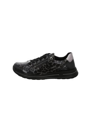 Black low-top sneaker with leopard print, side zipper, laces, and metallic silver heel tab on white background.