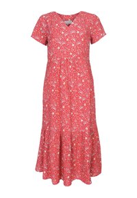 Blumenkleid in einem leuchtenden roten Stoff mit kurzen Ärmeln, V-Ausschnitt und einem gestuften Saum mit weißen und gelben Blumenmustern.