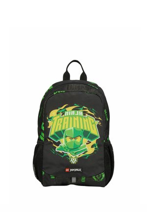Black LEGO Ninjago backpack with green ninja graphic and "Ninja Training" text, featuring side mesh pockets and a top handle.