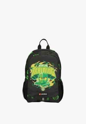 Sac à dos LEGO Ninjago noir avec motif ninja vert et texte "Ninja Training", avec poches latérales en mesh et poignée supérieure.