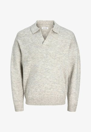 Light grey pullover with a V-neck and ribbed cuffs. Made from soft knit material, featuring a relaxed fit and minimalist design.