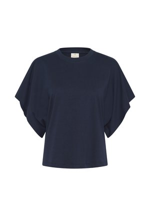 Luźna bluzka z krótkim rękawem w ciemnym granatowym kolorze, z szerokimi rękawami i okrągłym dekoltem, przedstawiona na białym tle.