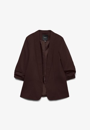 Ciemnobrązowa damska marynarka z rękawami do połowy przedramienia i otwartym przodem, wykonana z gładkiej tkaniny o eleganckim, dopasowanym kroju.