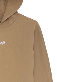 Felpa con cappuccio marrone con testo stilizzato bianco parzialmente visibile sulla parte sinistra del petto.