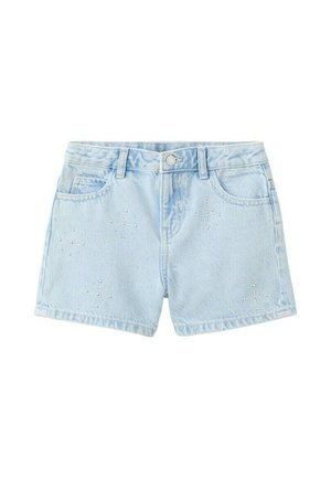 Shorts en denim bleu clair avec poches avant, passants pour ceinture, fermeture par bouton et petits détails en strass en forme d'étoile à l'avant.