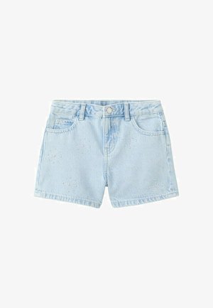 Hellblaue Jeansshorts mit vorderen Taschen, Gürtelschlaufen, Knopfverschluss und kleinen sternförmigen Strass-Details auf der Vorderseite.