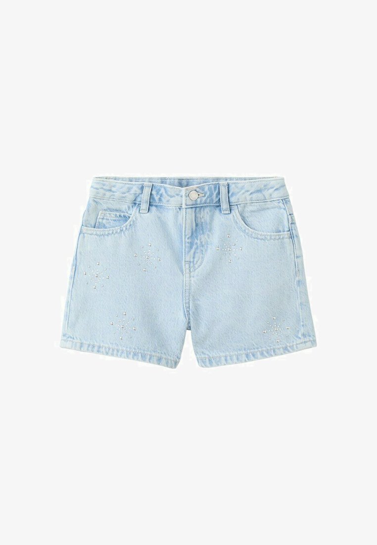 Shorts en denim bleu clair avec poches avant, passants pour ceinture, fermeture par bouton et petits détails en strass en forme d'étoile à l'avant.