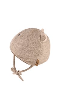 Brown felt hat with rounded shape, small animal ears, side ties, and a label. Soft texture with light stitching details.